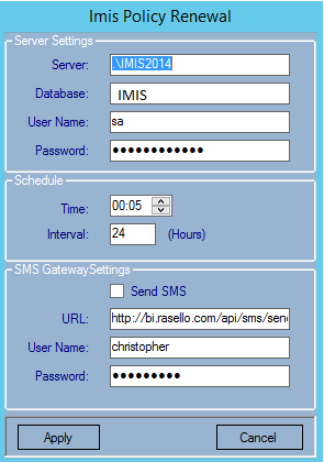 openIMIS Policy Renewal Service configuration interface 